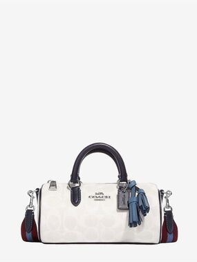 Coach White Lacey Crossbody in Signature Canvas and Blue Tassel